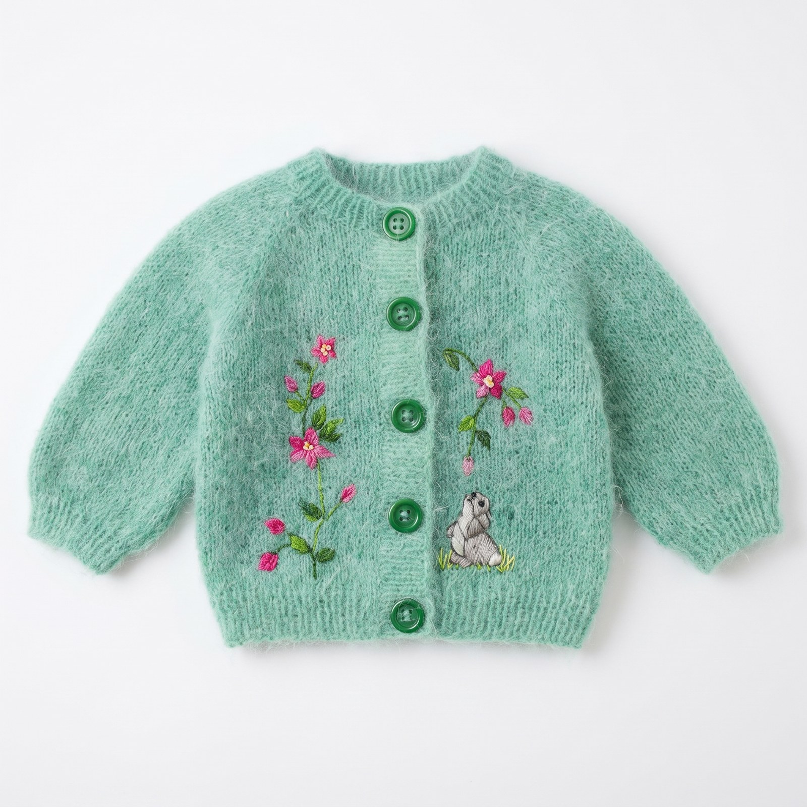 Mint green mohair hand-knit baby cardigan with embroidered pink flowers and a rabbit