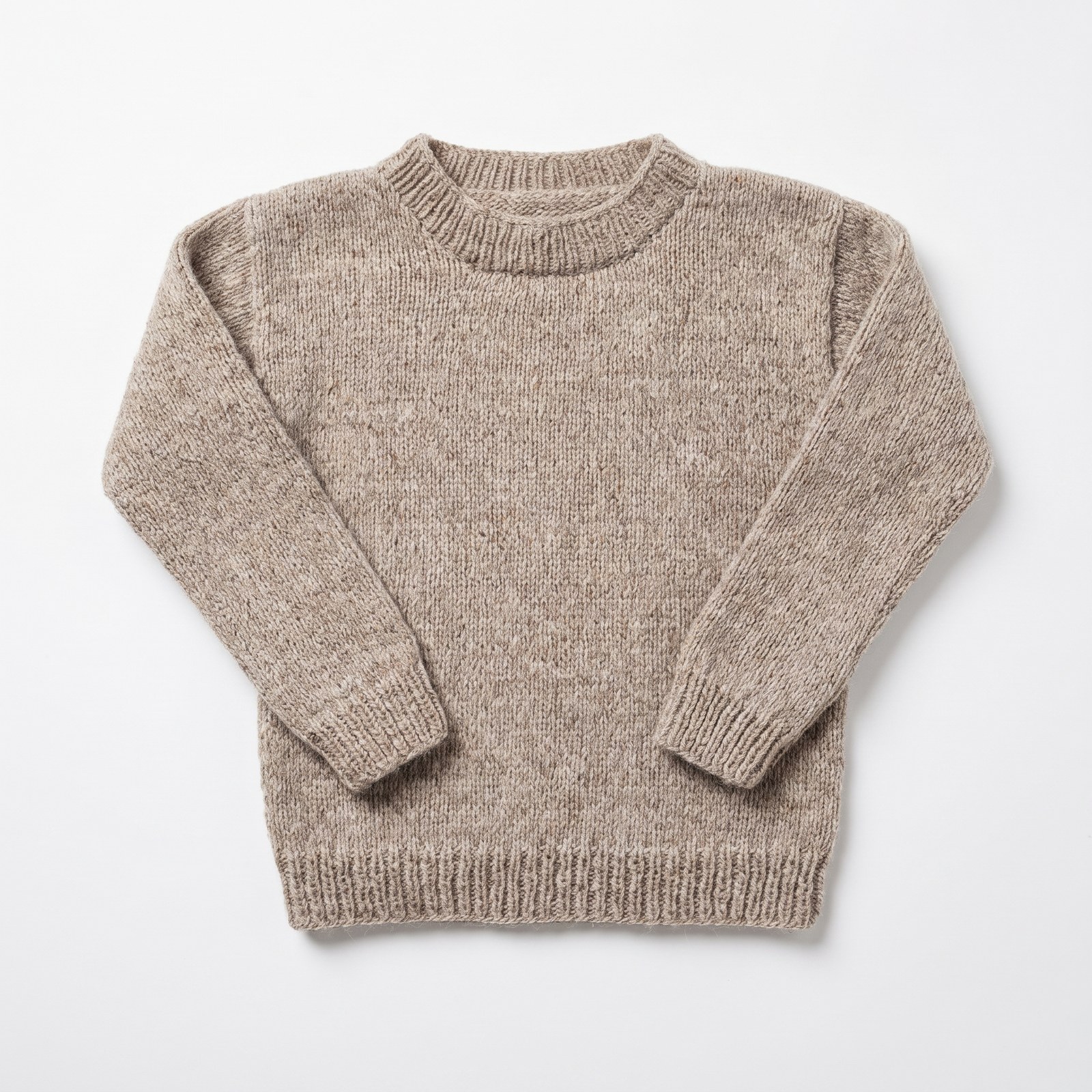 Plain taupe hand-knit adult crewneck sweater with ribbed collar, cuffs and hem
