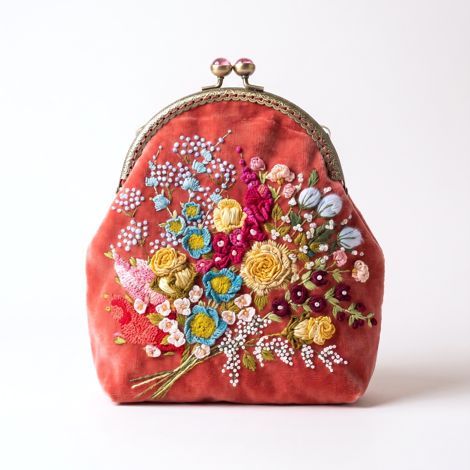 Coral red velvet purse hand-embroidered with turquoise flowers and golden roses, with a pearl strand strap