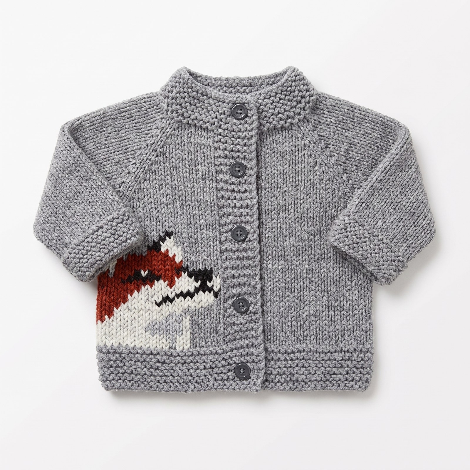 Dove grey hand-knit baby cardigan with a russet fox motif knitted into the front