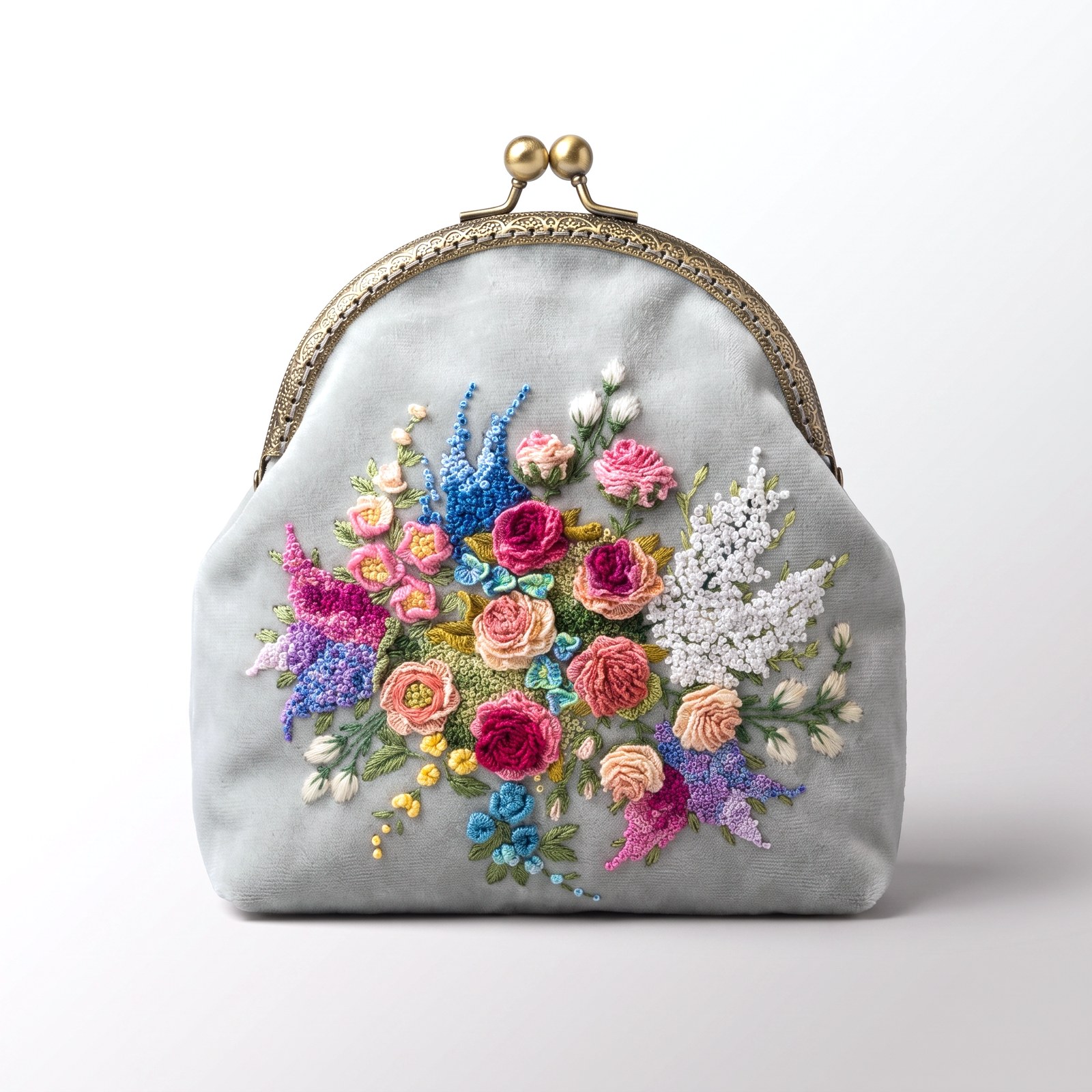 Pale grey velvet purse hand-embroidered with delphiniums and roses, with a braided brown leather strap