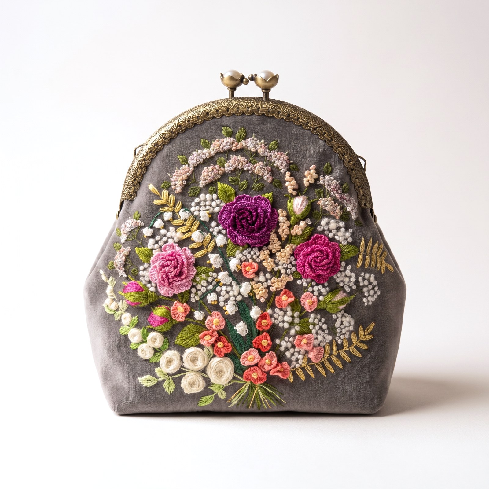 Grey velvet purse hand-embroidered with a rose bouquet, antique brass frame and pearl-topped clasps