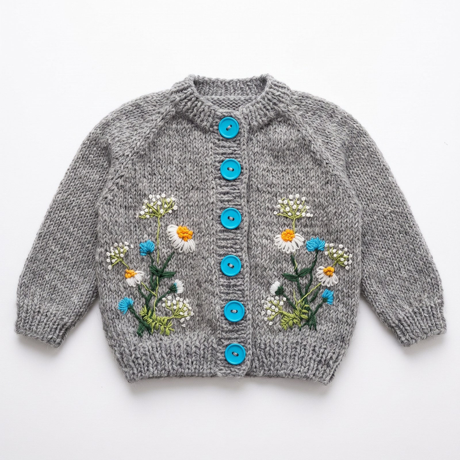 Heather grey hand-knit baby cardigan with embroidered wildflower sprays and turquoise buttons